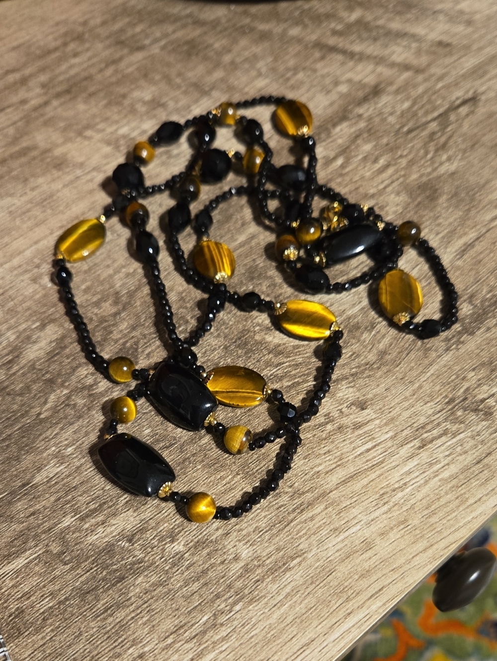Vintage 48" Tiger's Eye & Black Glass Beaded Flapper Necklace